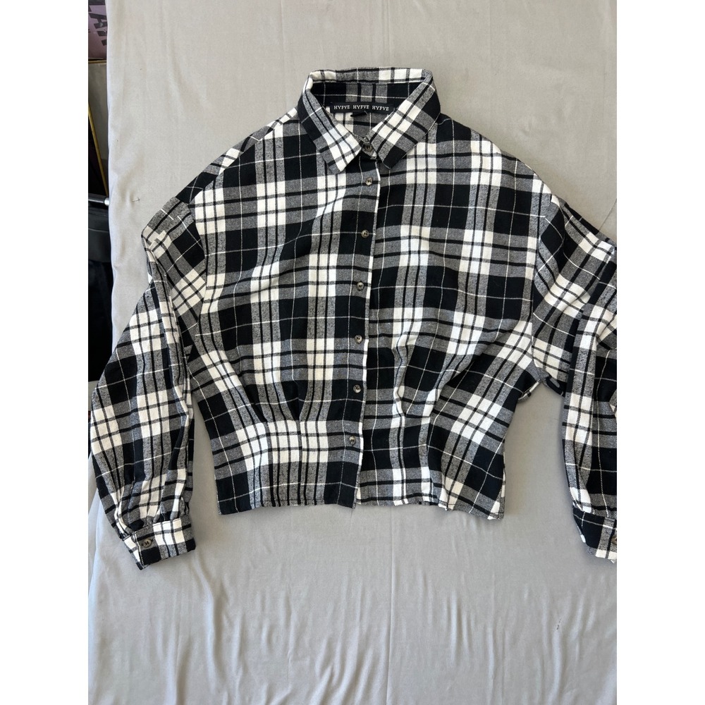 HYFVE Women Black White Plaid Cinched Waist Button Down Shirt HF22A225 Small